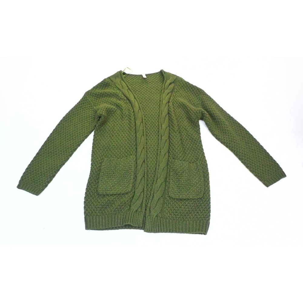 GRECERELLE Womens L Olive Open Front Cardigan Cable Panels Seed Stitch Pockets